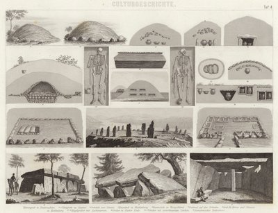 Camere funerarie preistoriche. Illustrazione per Bilder-Atlas (incisione) da German School