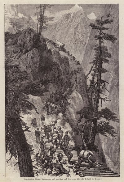 Prospectors che viaggiano attraverso le Montagne Rocciose per raggiungere le miniere d