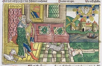 Frontespizio dei Salmi che mostra il re Davide che suona la lira, dalla Bibbia di Norimberga (Biblia Sacra Germanaica) da German School