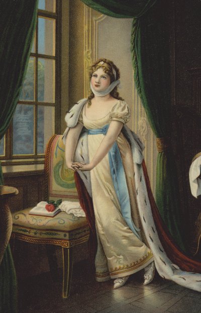 La regina Luisa di Prussia in volo verso Memel (litografia a colori) da German School