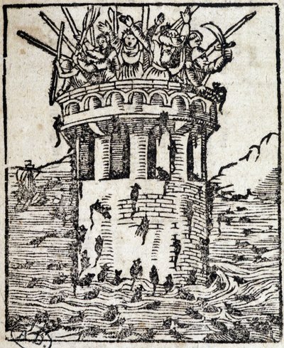 Ratti che attaccano una torre - incisione tedesca del XVI secolo da German School