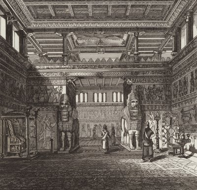 Ricostruzione della sala di un re assiro. Illustrazione per Bilder-Atlas da German School