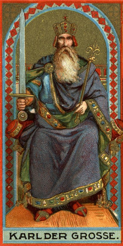 Rappresentazione di Carlo Magno (742-814), re dei Franchi, dei Longobardi e poi Imperatore. Cromolitografia da German School