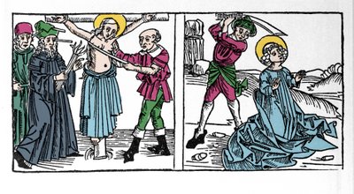 Rappresentazione del martirio di Santa Serafia (Serapia) (Serafia di Siria), cristiana del II secolo. Incisione da 