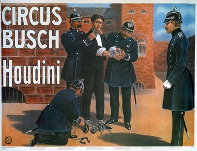 Riproduzione di un manifesto del 1907 che mostra Houdini prima di una fuga da una prigione tedesca da German School