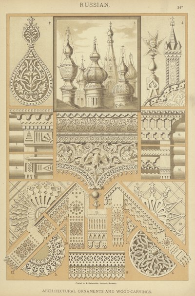 Russo, ornamenti architettonici e intagli in legno (litografia a colori) da German School