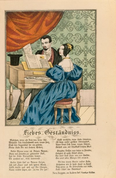 Scena che mostra una coppia al pianoforte, con una poesia d