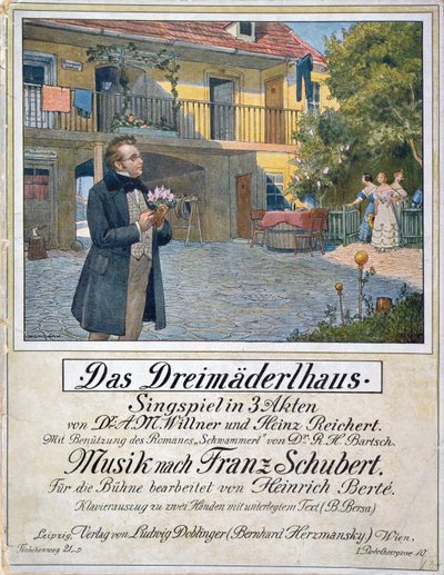 Copertina dello spartito di Das Dreimaederlhaus (La casa delle tre ragazze) che raffigura Schubert davanti alla casa, 1916 da German School
