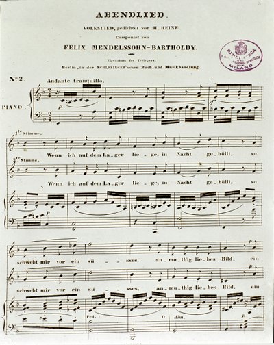 Pagina della partitura di Abendlied di Felix Mendelssohn da German School