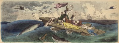 Naufraghi alla deriva su una zattera nei Mari del Sud (incisione colorata) da German School