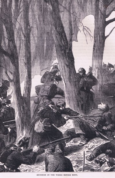 Scaramuccia nei boschi prima di Metz, Cassells History of the War between France and Germany pubblicato da Cassell and Company Limited, c.1890 (litografia) da German School
