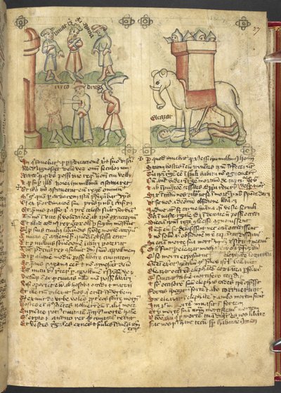 Sloane 361, f.27 Re Codro si offre di essere ucciso per il suo popolo, ed Eleazar Maccabeo che pugnala l