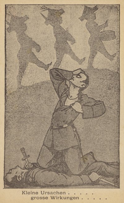 Piccole cause grandi effetti. Illustrazione tedesca contro la guerra, pubblicata dalla WILPF (Lega internazionale delle donne per la pace e la libertà), fine anni Venti (litografia). da German School