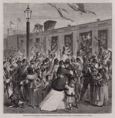 Soldati della Gardelandwehr prussiana accolti alla stazione di Potsdam, Berlino, al loro ritorno dalla guerra franco-prussiana, 22 marzo 1871 da German School