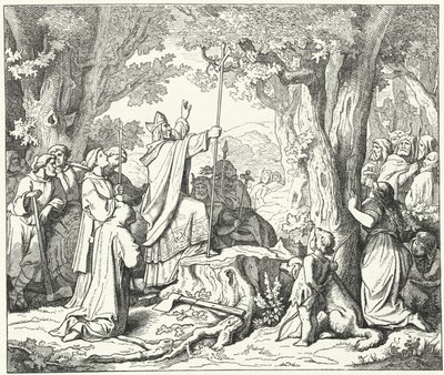 San Bonifacio abbatte la Quercia di Donar, sacra ai pagani tedeschi (incisione) da German School
