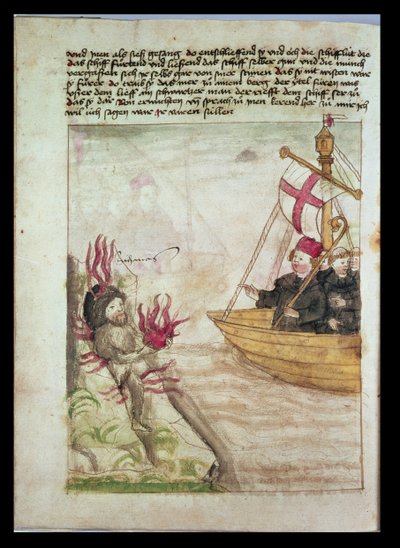 San Brendano sulla sua nave, dalla traduzione tedesca di Navigatio Sancti Brendani Abbatis, c.1476 da German School