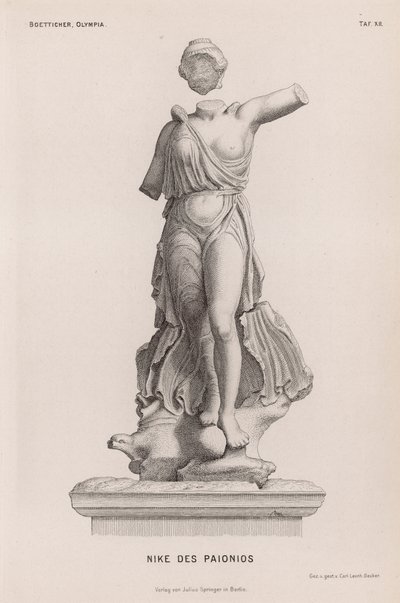 Statua di Nike, antica dea greca della vittoria, di Paionios, scavata a Olimpia, Grecia da German School