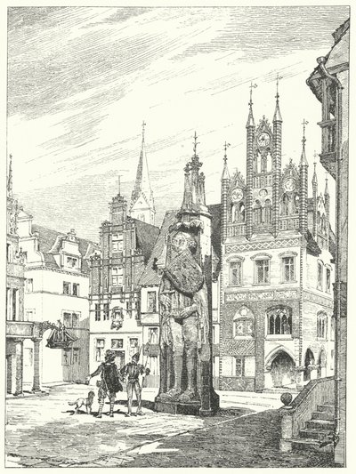 Statua di Rolando eretta nel 1404 di fronte alla cattedrale di Brema, Germania (incisione) da German School