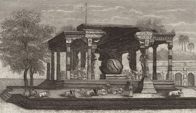 Statua del sacro toro Nandi in un tempio indù a Tanjore, India. Illustrazione per Bilder-Atlas da German School