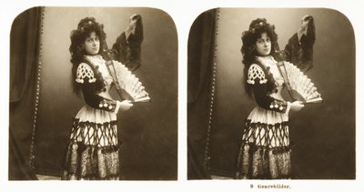 Carta stereoscopica raffigurante una giovane donna in costume tradizionale spagnolo della zona di Aragona, c.1900 (foto seppia) da German School