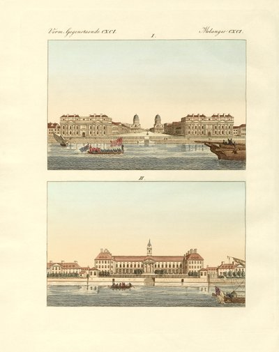 Strani edifici in Inghilterra (incisione colorata) da German School