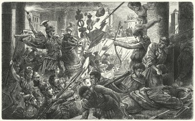 Silla entra a Roma con il suo esercito, 88 a.C. (incisione) da German School
