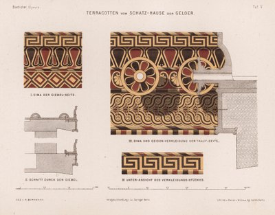 Decorazioni in terracotta dal Tesoro di Gela, Olimpia, Grecia (litografia a colori) da German School