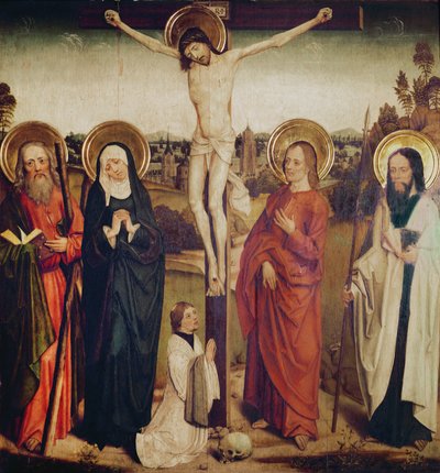La Crocifissione, con San Andrea, San Matteo e un uomo inginocchiato ai piedi della croce da German School
