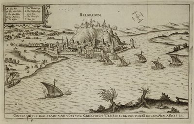 La caduta di Belgrado ai Turchi nel 1521, illustrazione da un libro sulle campagne ottomane in Europa, inciso da Paul Furst (c.1605-66) da German School