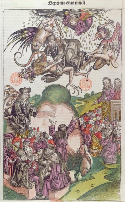 La caduta di Simon Mago, da La Chronique de Nuremberg di Hartmann Schedel, Norimberga, 1492 da German School