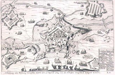 La Fortezza di Canischa assediata invano dai Cristiani nel 1664, illustrazione da un libro sulle campagne ottomane in Europa, inciso da Paul Furst da German School