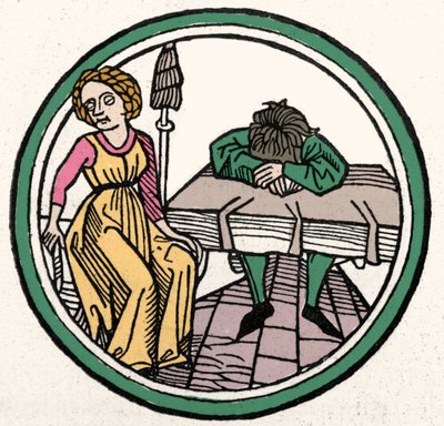 I Quattro Temperamenti: Melanconico (triste e depresso). Xilografia, Augusta 1480 da German School