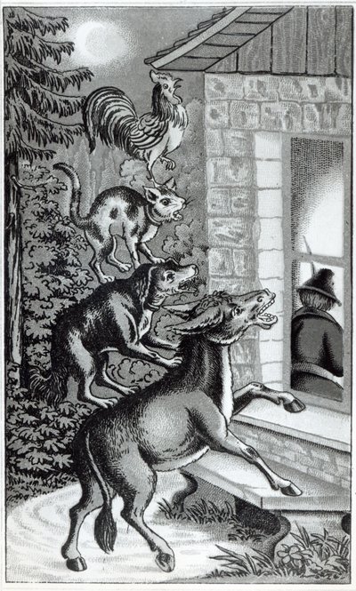 I quattro animali che gridano alla finestra, illustrazione per I musicanti di Brema, racconto dei fratelli Grimm da German School