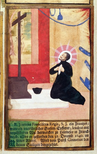 Il Padre Gesuita francese Jean Francois Regis (1597-1640) inginocchiato davanti a un crocifisso, dal Martirologio dei Gesuiti, 1688 da German School