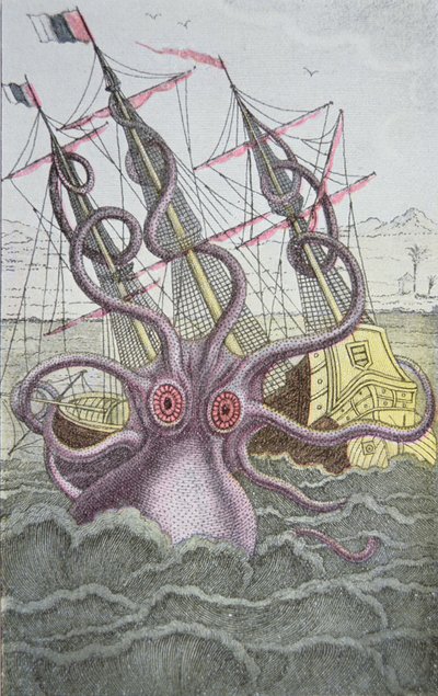 Il Kraken trascina giù una nave (incisione colorata) da German School