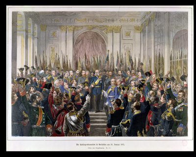 La proclamazione di Guglielmo come Kaiser del nuovo Reich tedesco, nella Sala degli Specchi a Versailles il 18 gennaio 1871 da German School