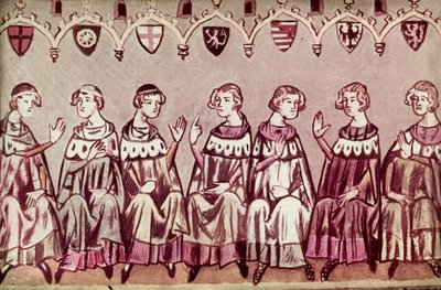 I sette principi elettori eleggono Enrico VII, Sacro Romano Imperatore, illustrazione dalla Cronaca di Enrico VII (Balduineum) 1341 da German School