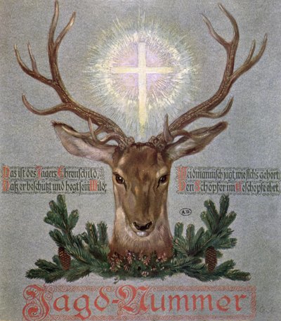 Il cervo di San Uberto (655-727), illustrazione di copertina di una rivista di caccia, 1908 da German School