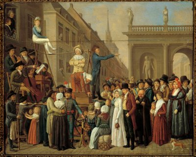 Scena di strada con musicisti e comici da German School