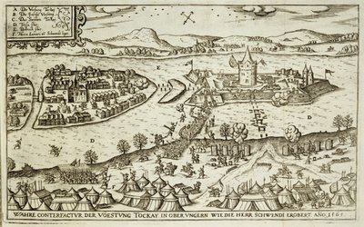 La città di Tokay recuperata dai Turchi da Herr Schwendi nel 1565, illustrazione da un libro sulle campagne ottomane in Europa, inciso da Paul Furst (c.1605-66) da German School