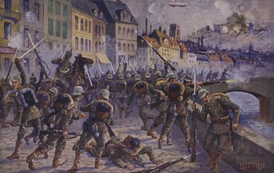 La presa di Liegi, Belgio, Prima Guerra Mondiale, 7 agosto 1914 (litografia a colori) da German School