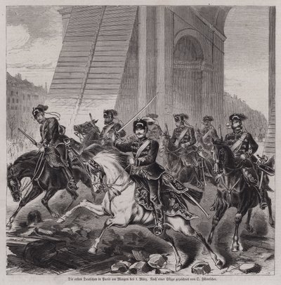 I primi soldati tedeschi che entrano a Parigi per occupare la città dopo la fine della Guerra Franco-Prussiana da German School