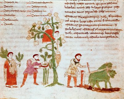 Le quattro stagioni: scena di aratura e raccolta dell
