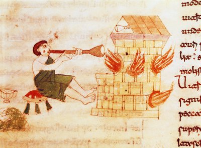 Il soffiatore di vetro in miniatura dal manoscritto De Universo (o De rerum naturis (Della natura delle cose)) (cod. 132) di Rabanus Maurus Magnentius (o Raban Maur o Rabano Mauro) (ca. 780-856). IX secolo. Archivio dell