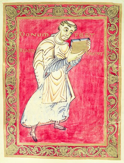 Il monaco Ruodprehet che presenta il suo libro, dal Salterio di Egberto, Arcivescovo di Treviri da German School