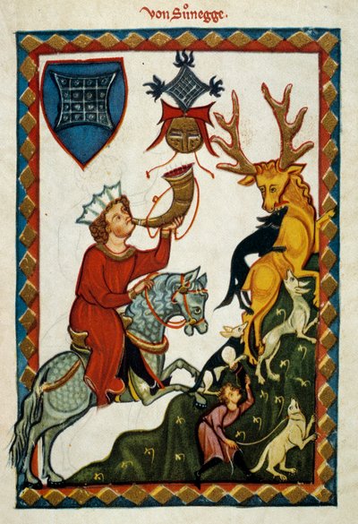 I piaceri della caccia: Re Radin di Hohenstaufen, Re di Sicilia e Gerusalemme sotto il nome di Corrado II, Duca di Svevia sotto il nome di Corrado III e Re dei Romani sotto il nome di Corrado V (1252-1268) caccia cervi. Miniatura da German School