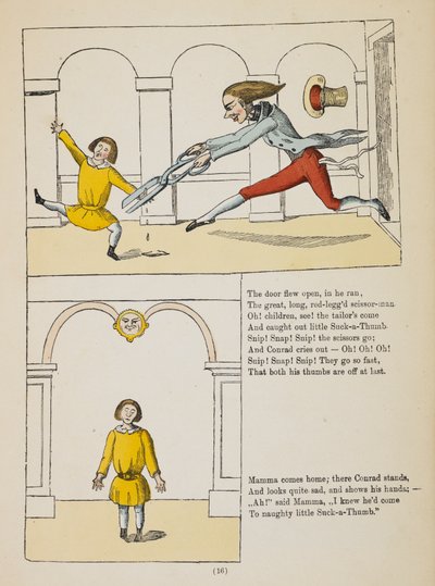 La storia del piccolo succhia-pollice. Conrad, un bambino che succhia i pollici, viene punito dal taglia-pollici, un sarto da German School