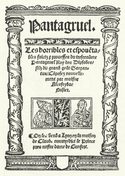 Pagina del titolo della più antica edizione conosciuta di Pantagruel, un romanzo di François Rabelais (incisione) da German School