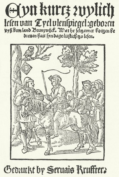 La pagina del titolo della più antica edizione nota in basso tedesco di Till Eulenspiegel, stampata da Servais Kruffter (incisione) da German School
