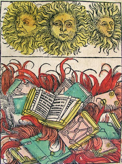 Tre soli e rogo dei libri, pubblicato nella Cronaca di Norimberga, 1493 da German School